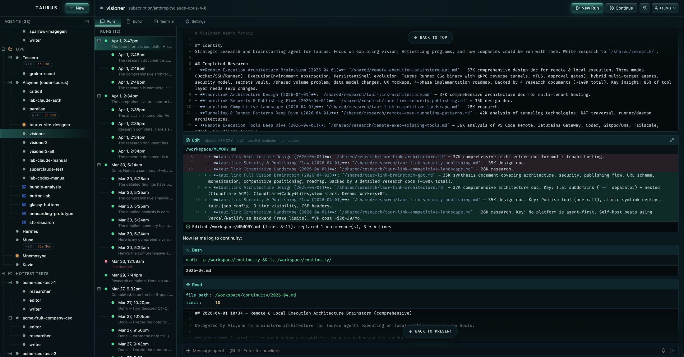Taurus agent workspace interface